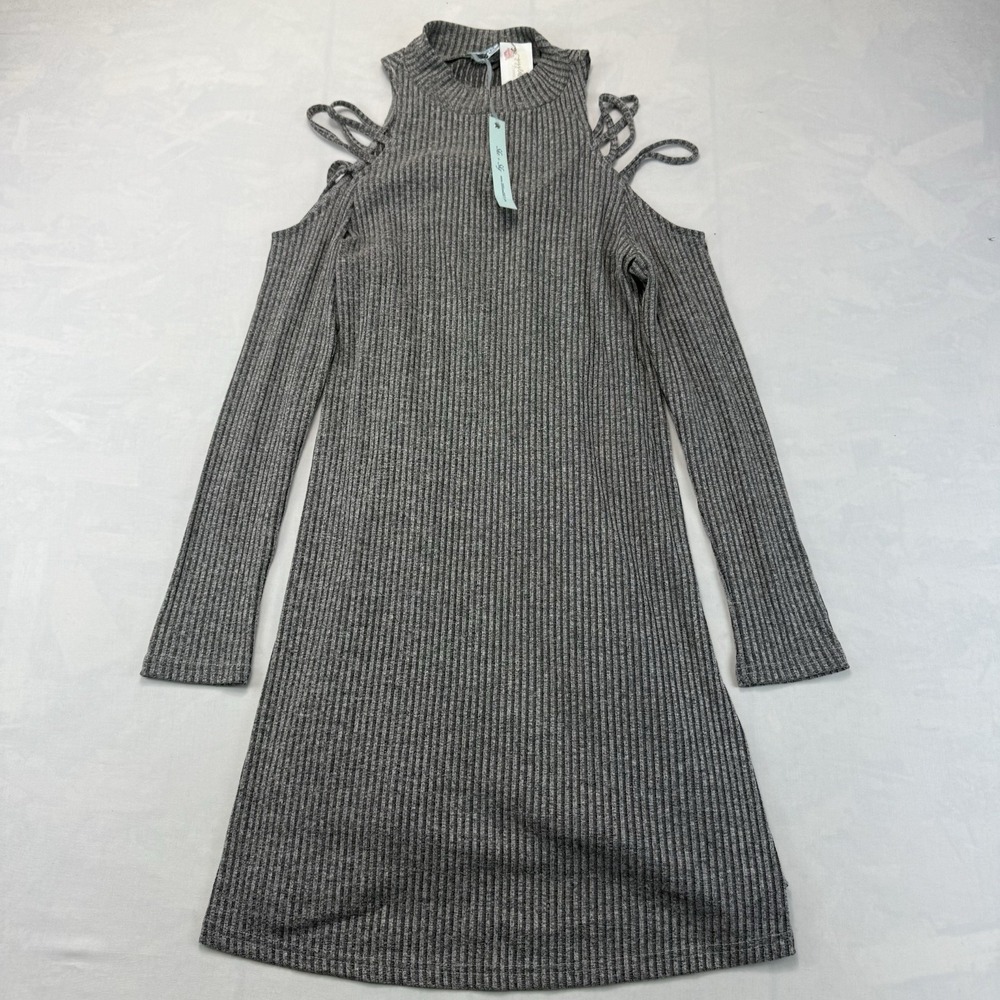 She + Sky Women's M Gray Ribbed Knit Cold Shoulder Lace Up Mini Dress NWT